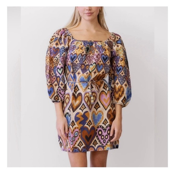 FARM Rio Dresses & Skirts - NEW FARM RIO Cream Hearts Ikat Puff Sleeve Dress Sz Small